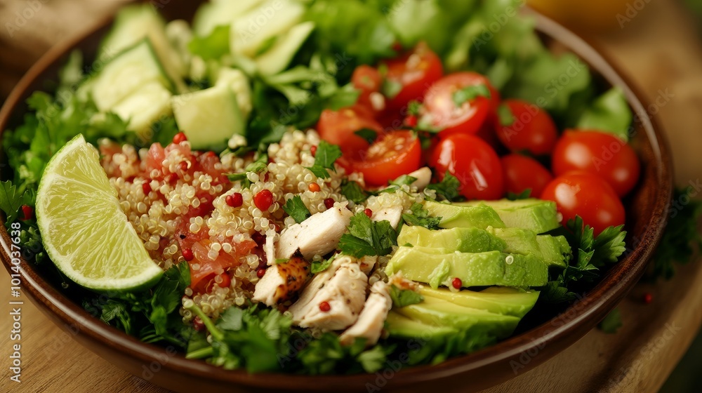 A close-up of a nutritious salad plate featuring quinoa, cherry tomatoes, chicken, avocado, lime, mixed greens, lettuce, and parsley against a wooden backdrop. nourishment and well-being. superfood. A close-up of a nutritious salad plate featuring quinoa, cherry tomatoes, chicken, avocado, lime, mixed greens, lettuce, and parsley against a wooden backdrop. nourishment and well-being. superfood.