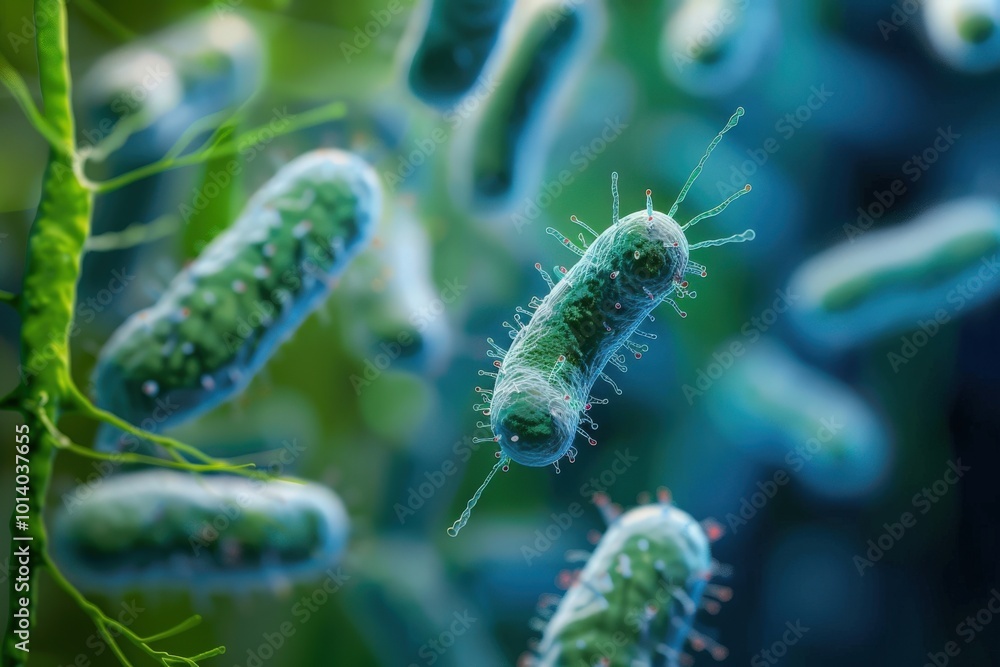 Fototapeta premium A close up of a bunch of blue bacteria, generative ai image