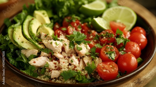 A close-up of a nutritious salad plate featuring quinoa, cherry tomatoes, chicken, avocado, lime, mixed greens, lettuce, and parsley against a wooden backdrop. nourishment and well-being. superfood.