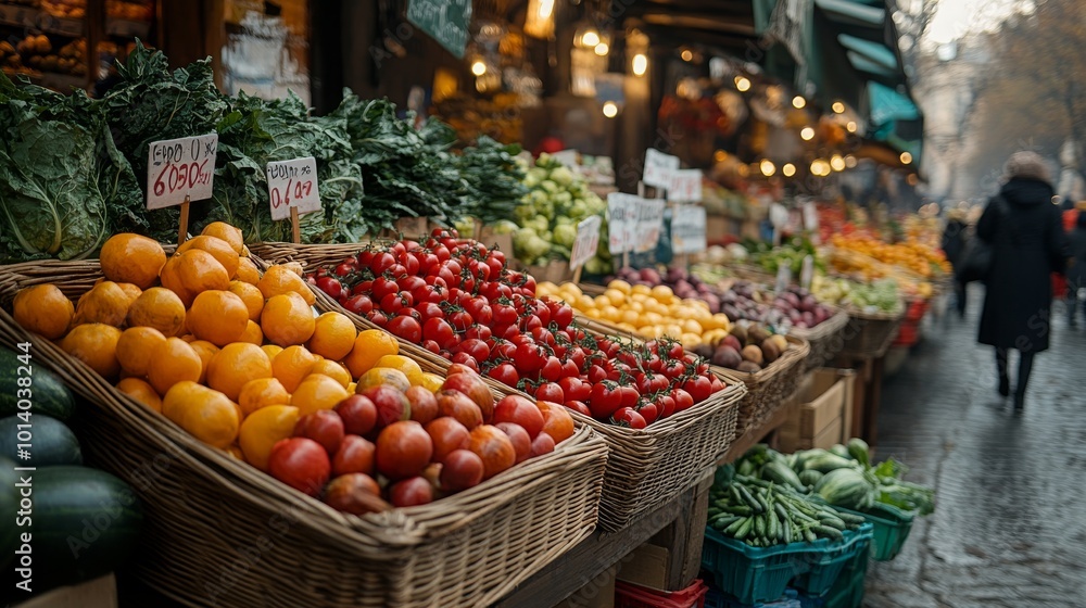 Vibrant city market filled with autumn produce and bustling shoppers Vibrant city market filled with autumn produce and bustling shoppers