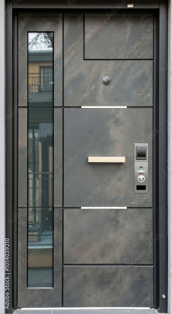 A modern front door with a glass panel and a metal handle A modern front door with a glass panel and a metal handle