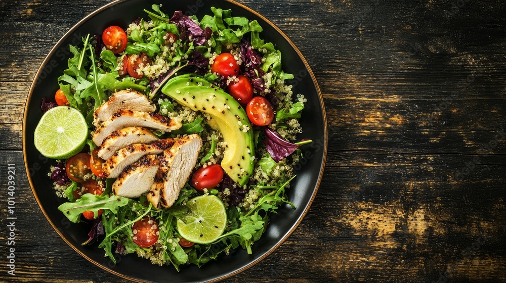 A close-up of a nutritious salad plate featuring quinoa, cherry tomatoes, chicken, avocado, lime, mixed greens, lettuce, and parsley against a wooden backdrop. nourishment and well-being. superfood. A close-up of a nutritious salad plate featuring quinoa, cherry tomatoes, chicken, avocado, lime, mixed greens, lettuce, and parsley against a wooden backdrop. nourishment and well-being. superfood.