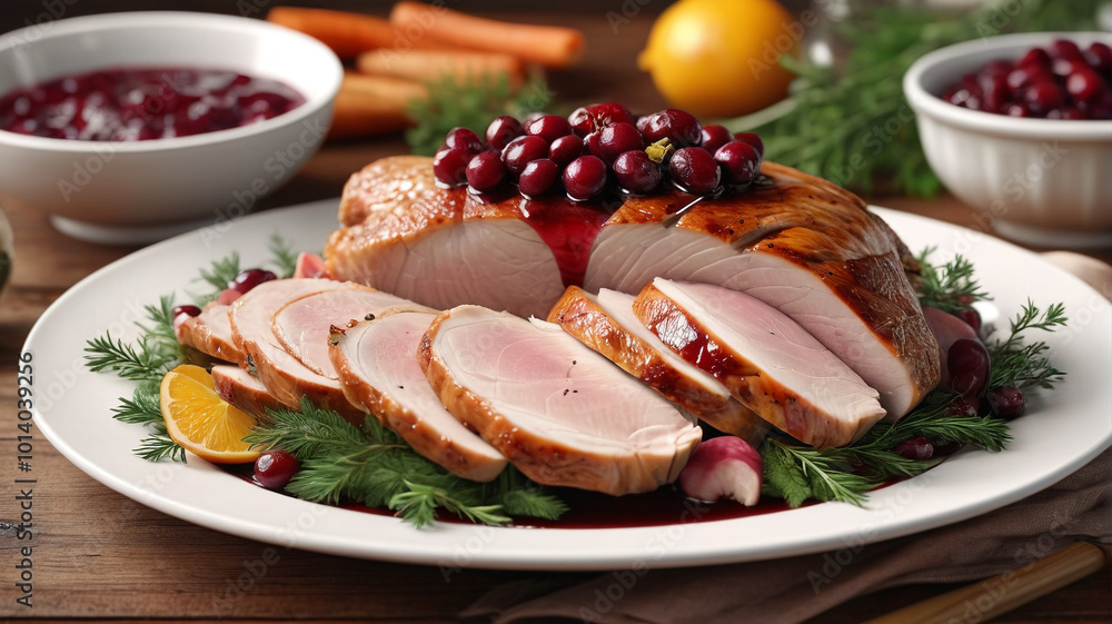 Herb-roasted turkey breast, succulent slices bursting with flavor, served with cranberry sauce and savory gravy, a comforting meal for any occasion, Generative AI Herb-roasted turkey breast, succulent slices bursting with flavor, served with cranberry sauce and savory gravy, a comforting meal for any occasion, Generative AI