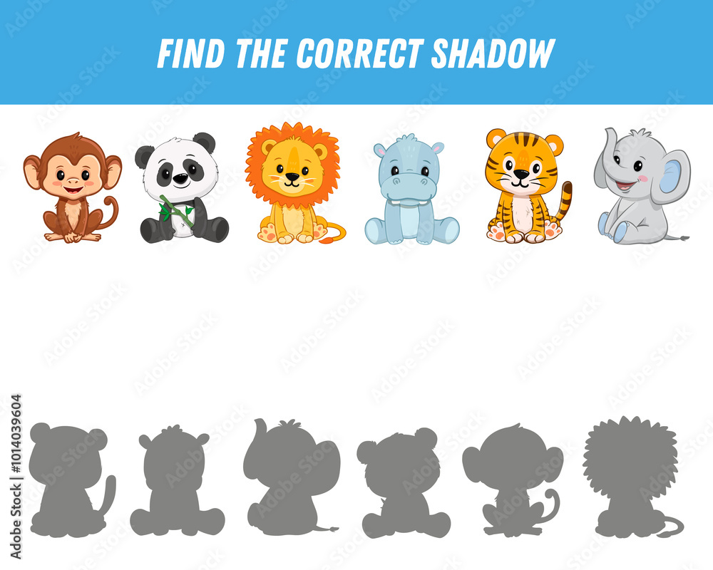 Find correct shadow of cute animals. Monkey, panda, lion, hippo, tiger, elephant. Educational logical game for kids. Cartoon animals. Find correct shadow of cute animals. Monkey, panda, lion, hippo, tiger, elephant. Educational logical game for kids. Cartoon animals.