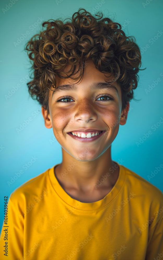A young boy with curly hair smiles at the camera A young boy with curly hair smiles at the camera