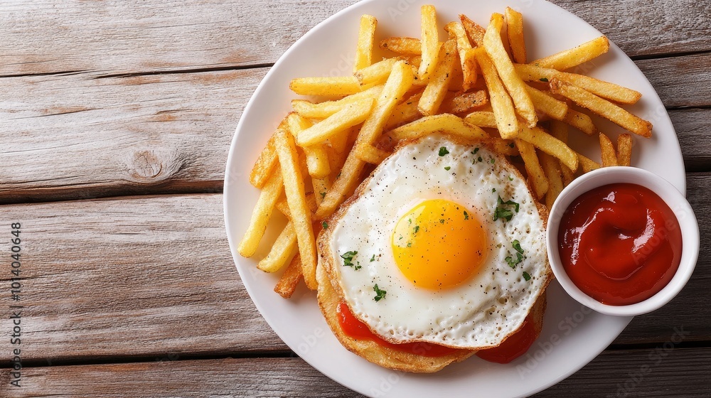 Platter with delicious sauce, fries, and fried eggs Platter with delicious sauce, fries, and fried eggs
