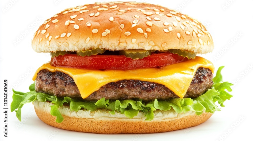Double Cheeseburger with Lettuce and Cheese Isolated on a White Background. Generative AI Double Cheeseburger with Lettuce and Cheese Isolated on a White Background. Generative AI