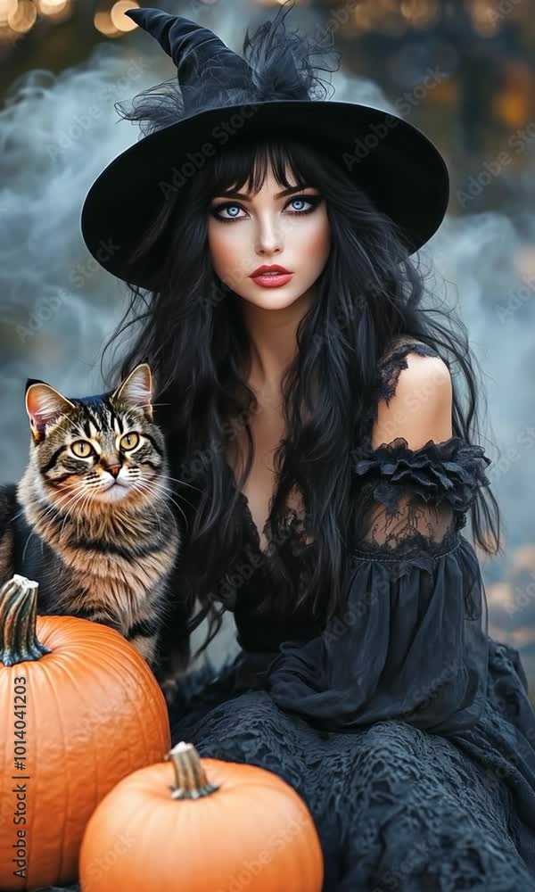 Halloween scene - beautiful young witch with a cat Halloween scene - beautiful young witch with a cat