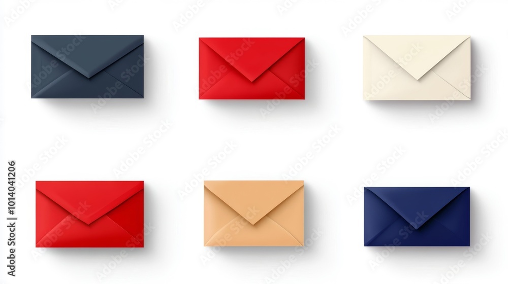 Colorful envelopes in different hues displayed on a white background. Six vibrant envelopes in blue red and beige tones arranged neatly. Generative AI Colorful envelopes in different hues displayed on a white background. Six vibrant envelopes in blue red and beige tones arranged neatly. Generative AI