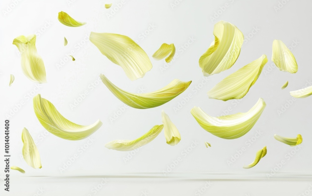 Fresh green endive leaves falling on a white background floating lightweight isolated airy and natural Generative AI Fresh green endive leaves falling on a white background floating lightweight isolated airy and natural Generative AI