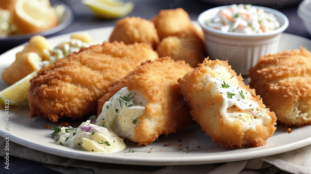 Lenten fish fry, crispy battered fish fillets, served with creamy coleslaw and buttered dinner rolls, a beloved tradition during the season of Lent, Generative AI Lenten fish fry, crispy battered fish fillets, served with creamy coleslaw and buttered dinner rolls, a beloved tradition during the season of Lent, Generative AI