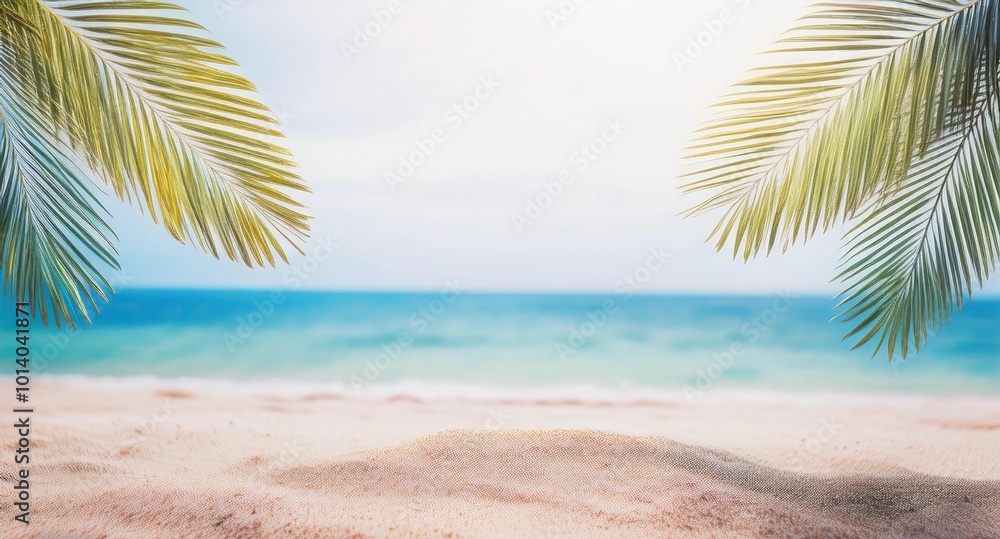 beach sand with palm branches on the background of the sea. Blue Sea Background, Pattern Beach at Coast, Frame Card Tropical Tourism Travel Vacation. Summer Holidays Concept beach sand with palm branches on the background of the sea. Blue Sea Background, Pattern Beach at Coast, Frame Card Tropical Tourism Travel Vacation. Summer Holidays Concept