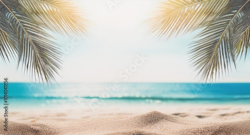 beach sand with palm branches on the background of the sea. Blue Sea Background, Pattern Beach at Coast, Frame Card Tropical Tourism Travel Vacation. Summer Holidays Concept