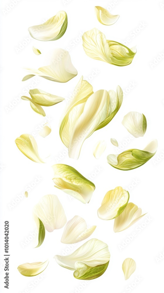 Fresh colorful vegetable leaves floating in the air on a white background vibrant greens and reds healthy and crisp Generative AI Fresh colorful vegetable leaves floating in the air on a white background vibrant greens and reds healthy and crisp Generative AI