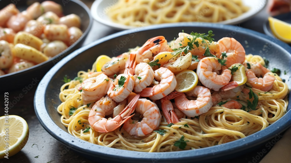 Good Friday seafood feast, featuring shrimp scampi, baked salmon, and seafood pasta, a delicious and meatless option for observing the Lenten season, Generative AI