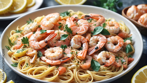 Good Friday seafood feast, featuring shrimp scampi, baked salmon, and seafood pasta, a delicious and meatless option for observing the Lenten season, Generative AI