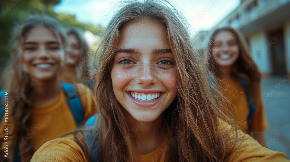 Friends Enjoying a Fun Selfie Moment in Front of Their School Building During a Sunny Day Friends Enjoying a Fun Selfie Moment in Front of Their School Building During a Sunny Day