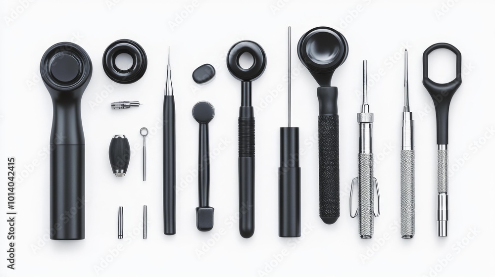 A set of precision tools for detailed work arranged on a white background featuring various black and metal instruments for technical or medical use Generative AI A set of precision tools for detailed work arranged on a white background featuring various black and metal instruments for technical or medical use Generative AI