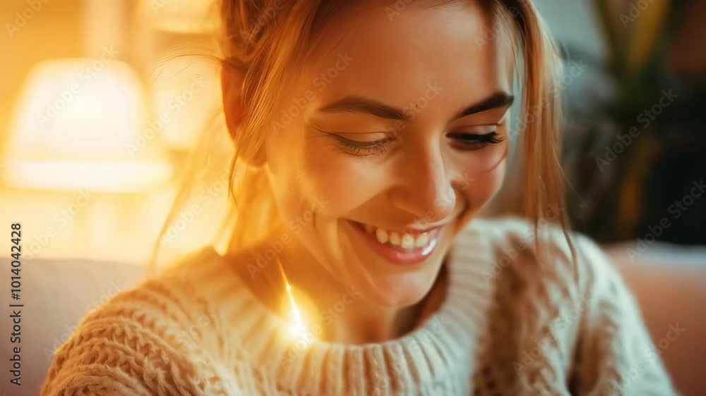 Close Up Portrait of Smiling Young Beauty Casual Woman Sitting Relaxing at Home and Using Smartphone Close Up Portrait of Smiling Young Beauty Casual Woman Sitting Relaxing at Home and Using Smartphone