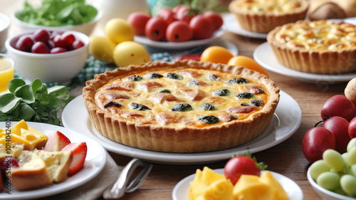 Easter Sunday brunch, featuring ham and cheese quiche, fruit salad, and hot cross buns, a joyous and delicious way to celebrate the resurrection of Christ, Generative AI