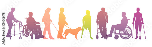International Day of  Persons with Disabilities.Colourful illustration with silhouettes of disabled people.World on wheels wheelchair.vector illustration.