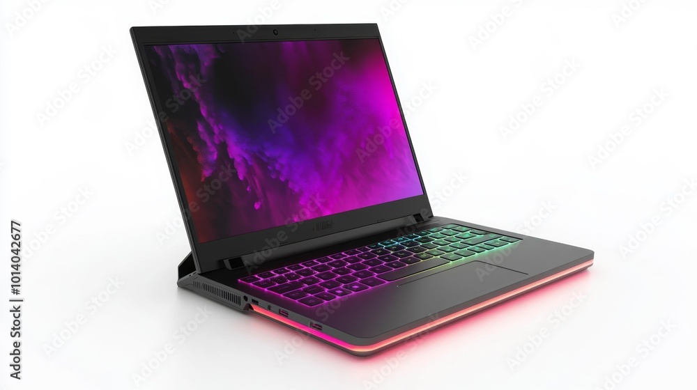 A modern RGB-lit laptop with a sleek design isolated on a white background showcasing a backlit keyboard and a colorful screen in a realistic 3D rendering perfect for gaming or work. Generative AI A modern RGB-lit laptop with a sleek design isolated on a white background showcasing a backlit keyboard and a colorful screen in a realistic 3D rendering perfect for gaming or work. Generative AI