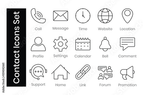Contact Icons Set or Contact Us Icon Vector Set in Line Style Example Phone Call, Message, Website, Support,  Location etc.