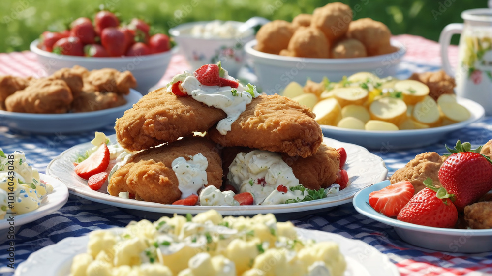 Feast of the Assumption picnic, with fried chicken, potato salad, and strawberry shortcake, enjoyed outdoors with loved ones on a warm summer day, Generative AI Feast of the Assumption picnic, with fried chicken, potato salad, and strawberry shortcake, enjoyed outdoors with loved ones on a warm summer day, Generative AI