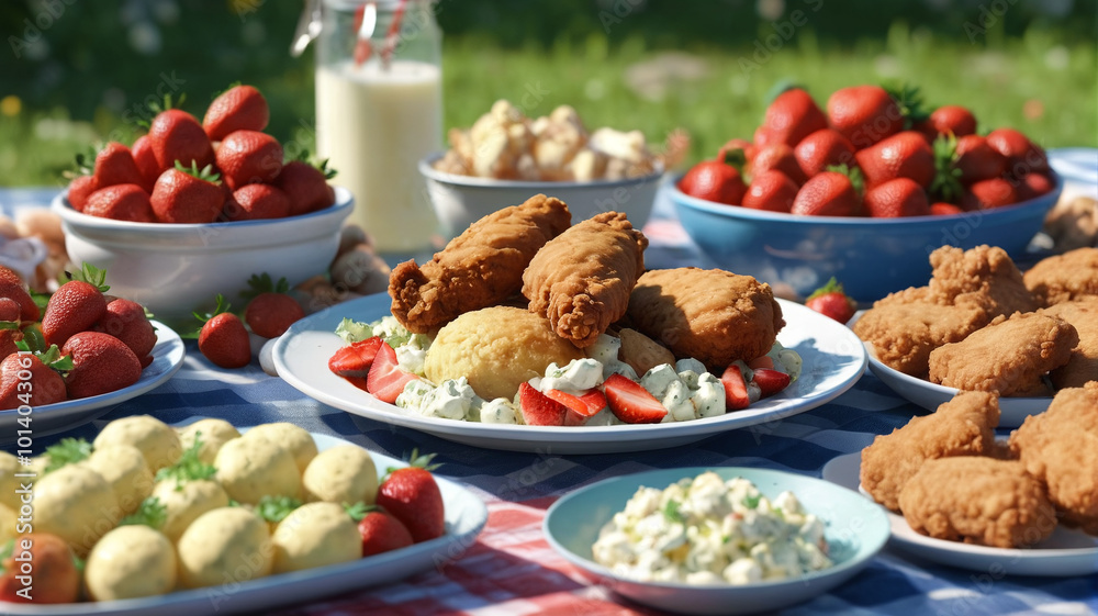 Feast of the Assumption picnic, with fried chicken, potato salad, and strawberry shortcake, enjoyed outdoors with loved ones on a warm summer day, Generative AI Feast of the Assumption picnic, with fried chicken, potato salad, and strawberry shortcake, enjoyed outdoors with loved ones on a warm summer day, Generative AI