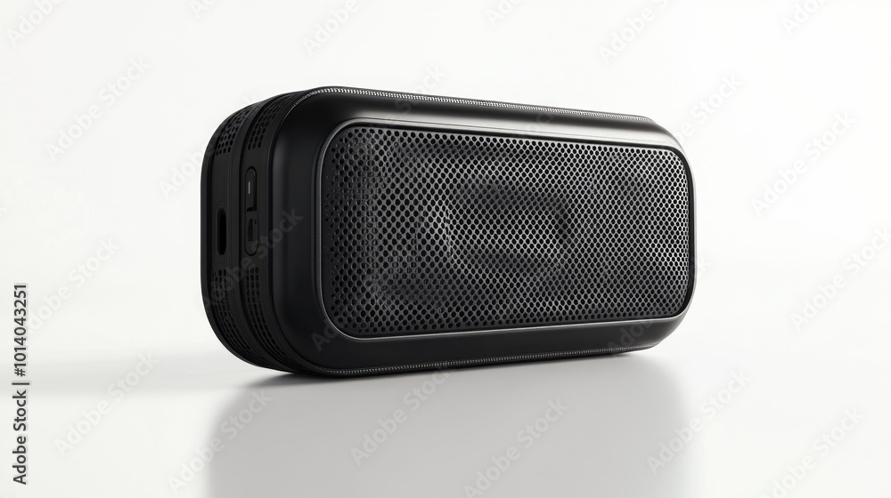 Portable black speaker with mesh grill design on a white background realistic image perfect for electronics and audio equipment stock images. Generative AI Portable black speaker with mesh grill design on a white background realistic image perfect for electronics and audio equipment stock images. Generative AI