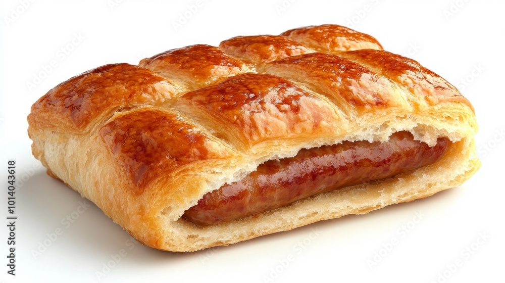 Golden brown sausage biscuit on white background. A realistic close-up depiction of a savory pastry with puffed layers and sausage filling ideal for food-focused projects. Generative AI Golden brown sausage biscuit on white background. A realistic close-up depiction of a savory pastry with puffed layers and sausage filling ideal for food-focused projects. Generative AI