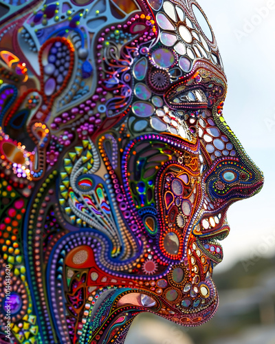 A close up of a colorful sculpture of a man's face