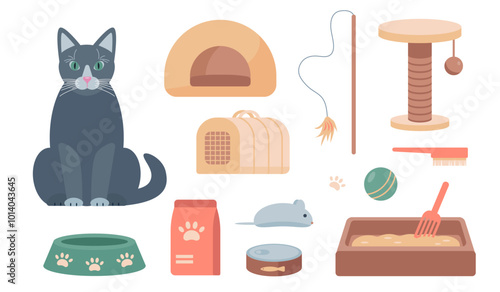 Cat and Set of care accessories for pets. Domestic cat and pet shop goods icons. Vector illustration isolated on white background.