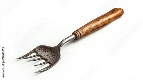 Vintage garden fork with wooden handle on white background rustic tool realistic Generative AI photo