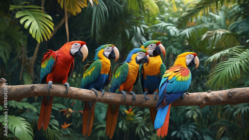Wallpaper Mural Enchanting rainforest canopy alive with the vibrant colors of exotic parrots, their playful antics and raucous calls filling the air with energy and vitality, a spectacle of nature's wonder, Generativ Torontodigital.ca