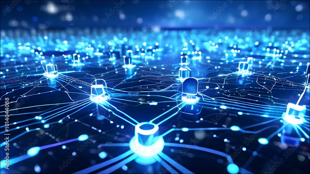 Show a network of interconnected AI systems, each represented by glowing nodes in a futuristic digital landscape. Show a network of interconnected AI systems, each represented by glowing nodes in a futuristic digital landscape.