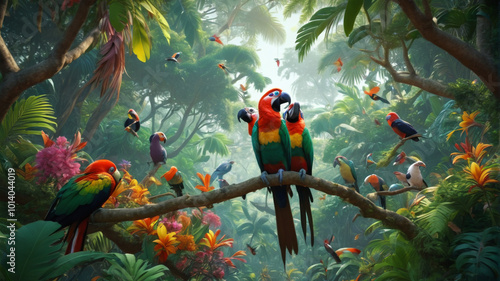 Lush paradise filled with parrots, their melodious calls echoing through the jungle canopy, while exotic hornbills glide gracefully overhead, a symphony of nature's beauty, Generative AI