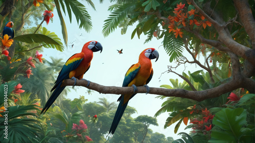 Lush paradise filled with parrots, their melodious calls echoing through the jungle canopy, while exotic hornbills glide gracefully overhead, a symphony of nature's beauty, Generative AI