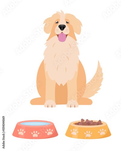 Dog and bowls with water and food. Domestic dog and pet shop goods icons. Feeding pets concept. Vector illustration isolated on white background.