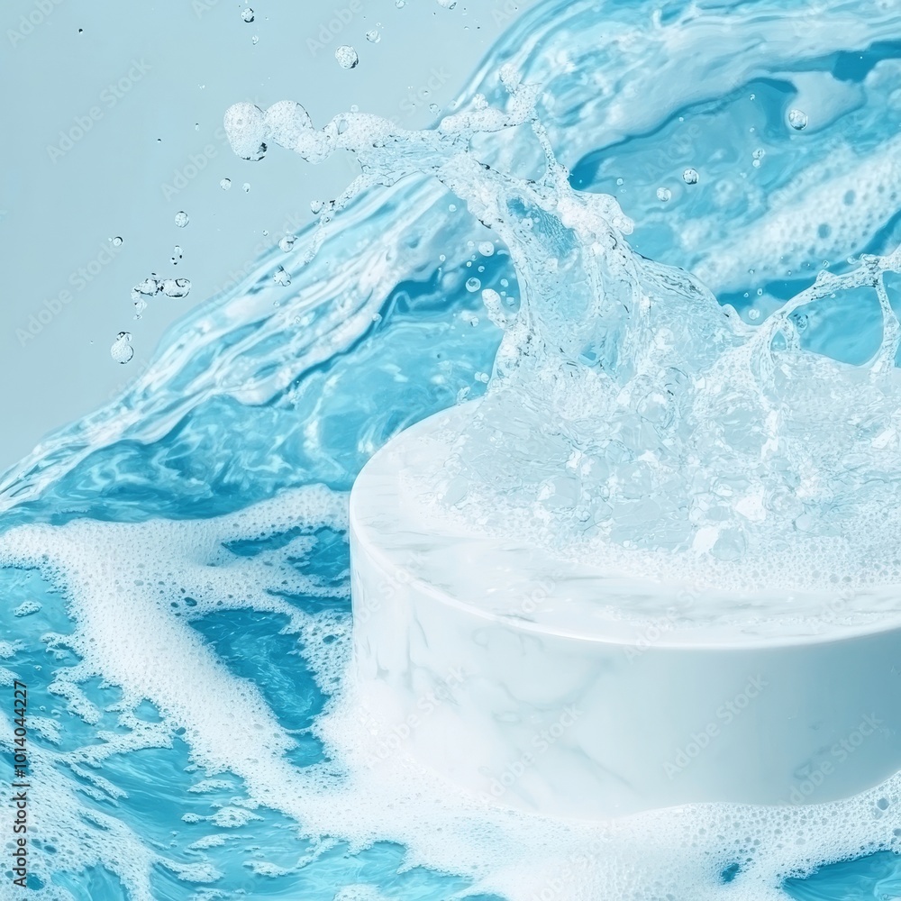 close up of a soap bar with water splash and bubbles on blue background close up of a soap bar with water splash and bubbles on blue background