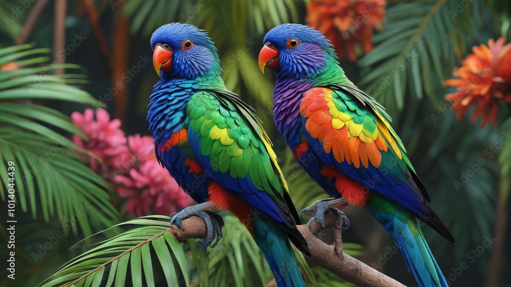 Obraz premium Enchanting rainforest canopy alive with the vibrant colors of exotic parrots, their playful antics and raucous calls filling the air with energy and vitality, a spectacle of nature's wonder, Generativ