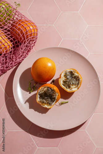 fresh passion fruit, Passiflora ligularis, sweet granadilla or grenadia photo