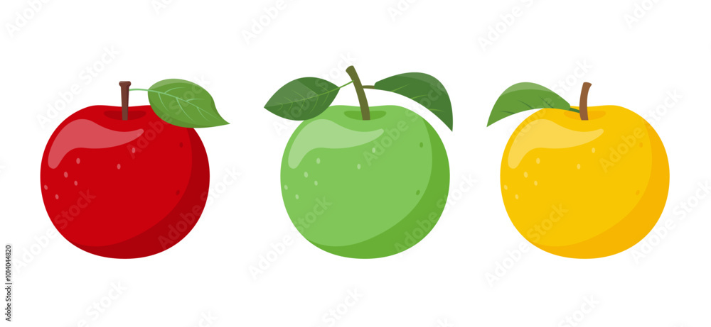 Set of red, green and yellow apple fruits. Fresh apples icons. Organic fruits for juice, smoothie or vitamin C healthy food. Vector icon illustration isolated on white background. Set of red, green and yellow apple fruits. Fresh apples icons. Organic fruits for juice, smoothie or vitamin C healthy food. Vector icon illustration isolated on white background.