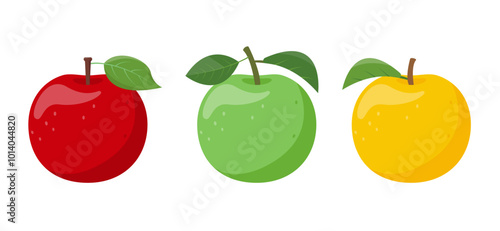 Set of red, green and yellow apple fruits. Fresh apples icons. Organic fruits for juice, smoothie or vitamin C healthy food. Vector icon illustration isolated on white background.