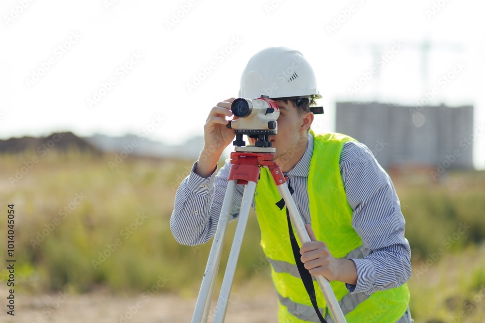 Survey engineer working with operating level survey cameras on construction site.