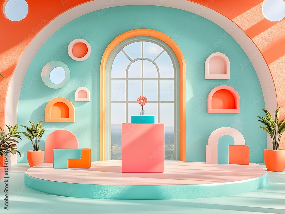 Serene 3D studio setup featuring pastel toned walls and floor central product display podium dramatic shadows cast from nearby window illuminate the surface Serene 3D studio setup featuring pastel toned walls and floor central product display podium dramatic shadows cast from nearby window illuminate the surface