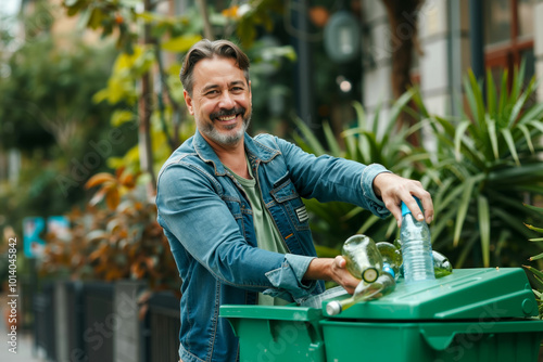 Wallpaper Mural A man putting a bottle of water into a green recycling bin Torontodigital.ca