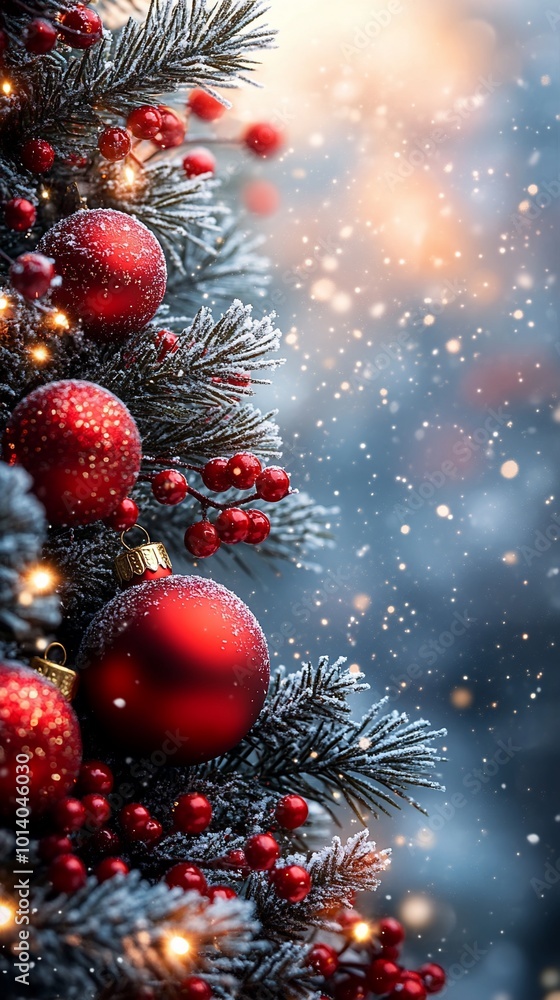 A close-up of a Christmas tree decorated with red ornaments, red berries, and twinkling lights, with a snowy background. A close-up of a Christmas tree decorated with red ornaments, red berries, and twinkling lights, with a snowy background.