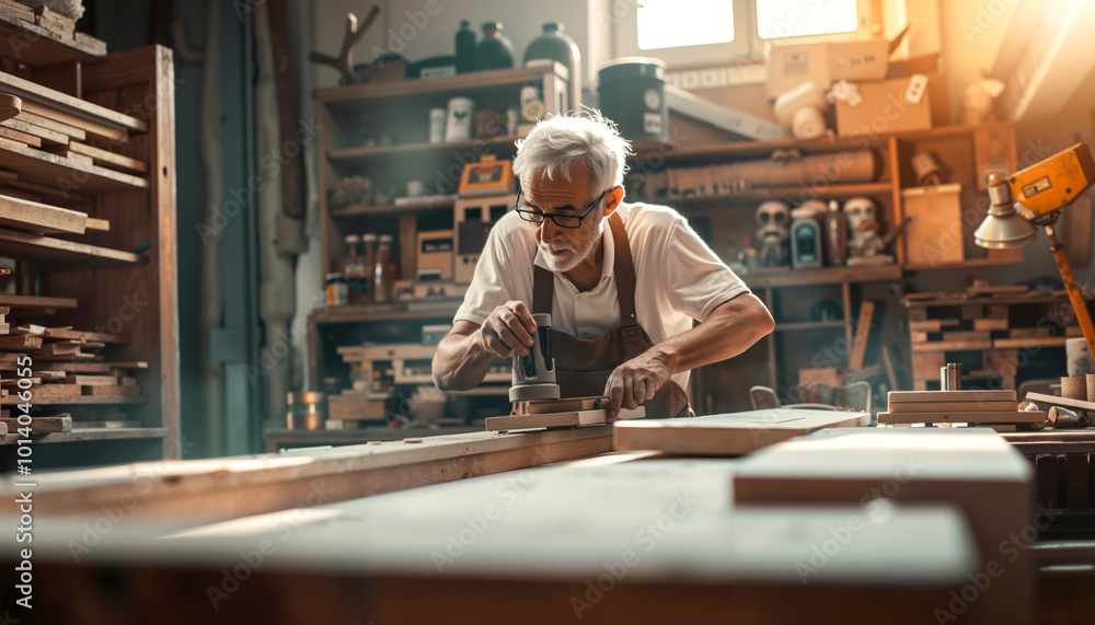 A man working on a piece of wood in a workshop A man working on a piece of wood in a workshop