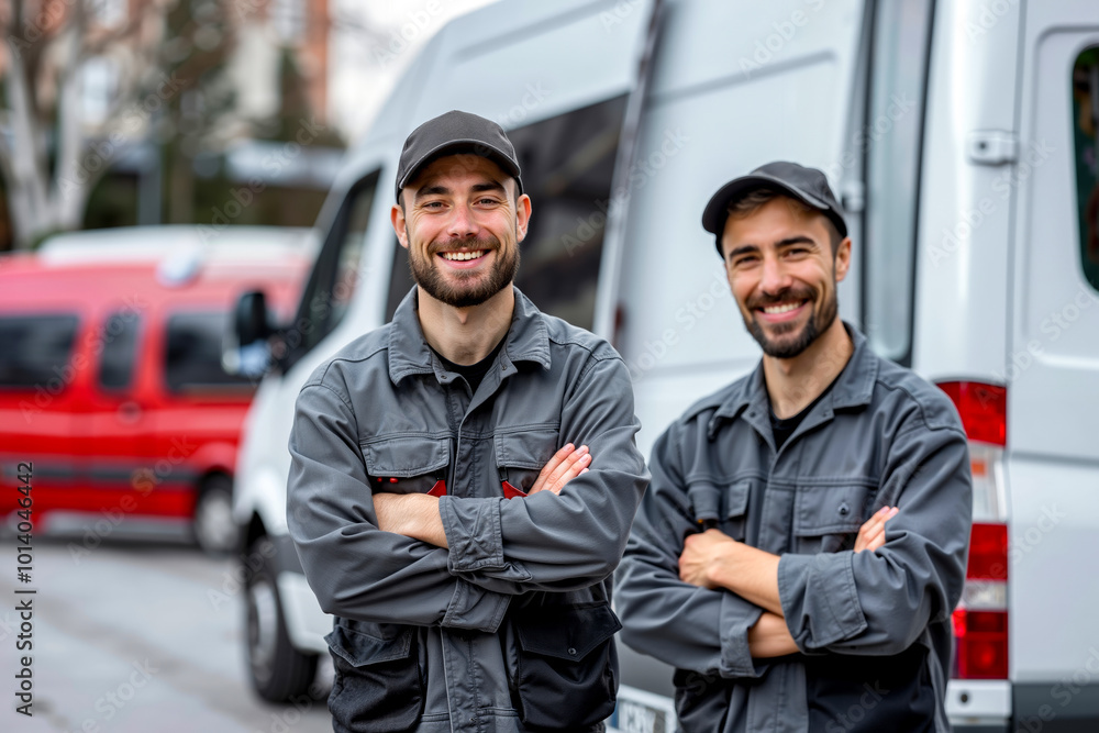 Two men standing next to each other in front of a van Two men standing next to each other in front of a van